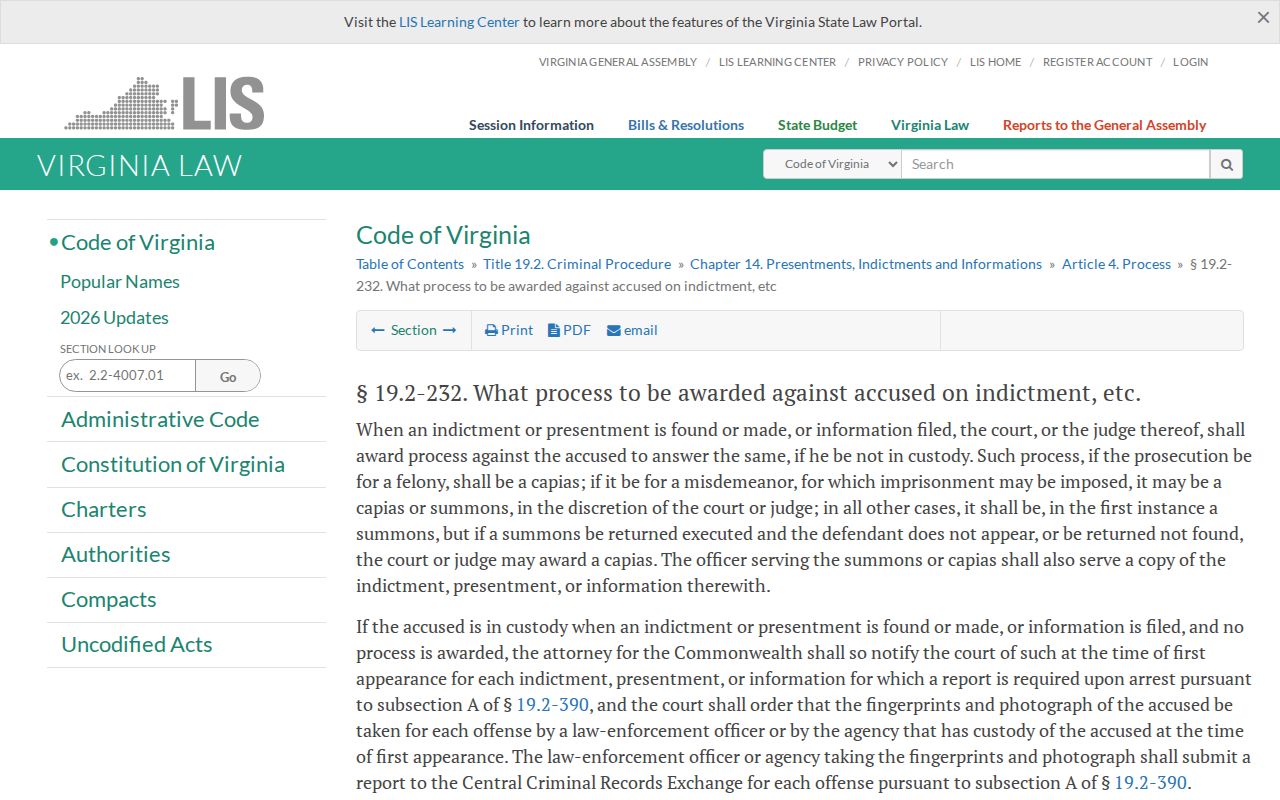 Fauquier County bench warrant capias process statute