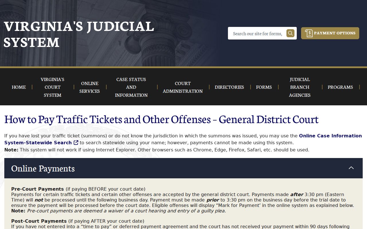 Fauquier County traffic warrant case and payment search screen