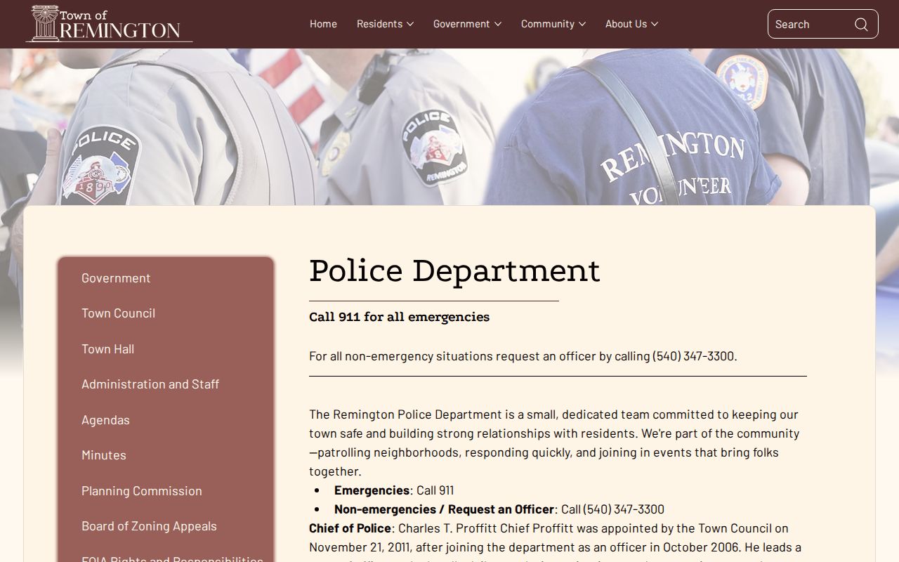 Remington warrant records page showing local police contact and emergency routing
