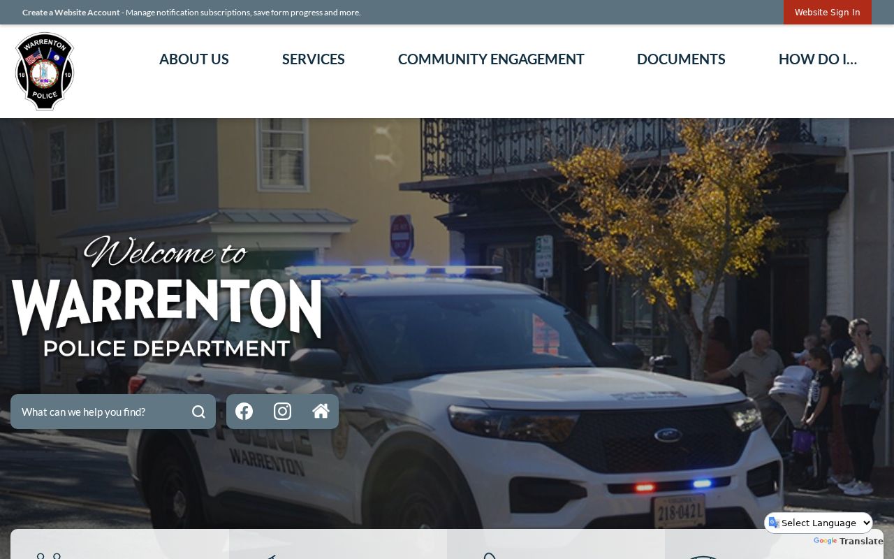 Warrenton warrant records page showing town police public contact information