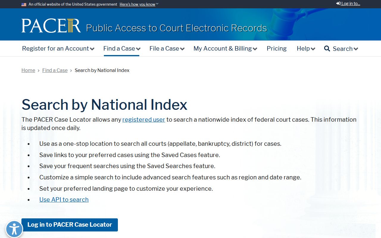 Fauquier County warrant records PACER federal case search screen